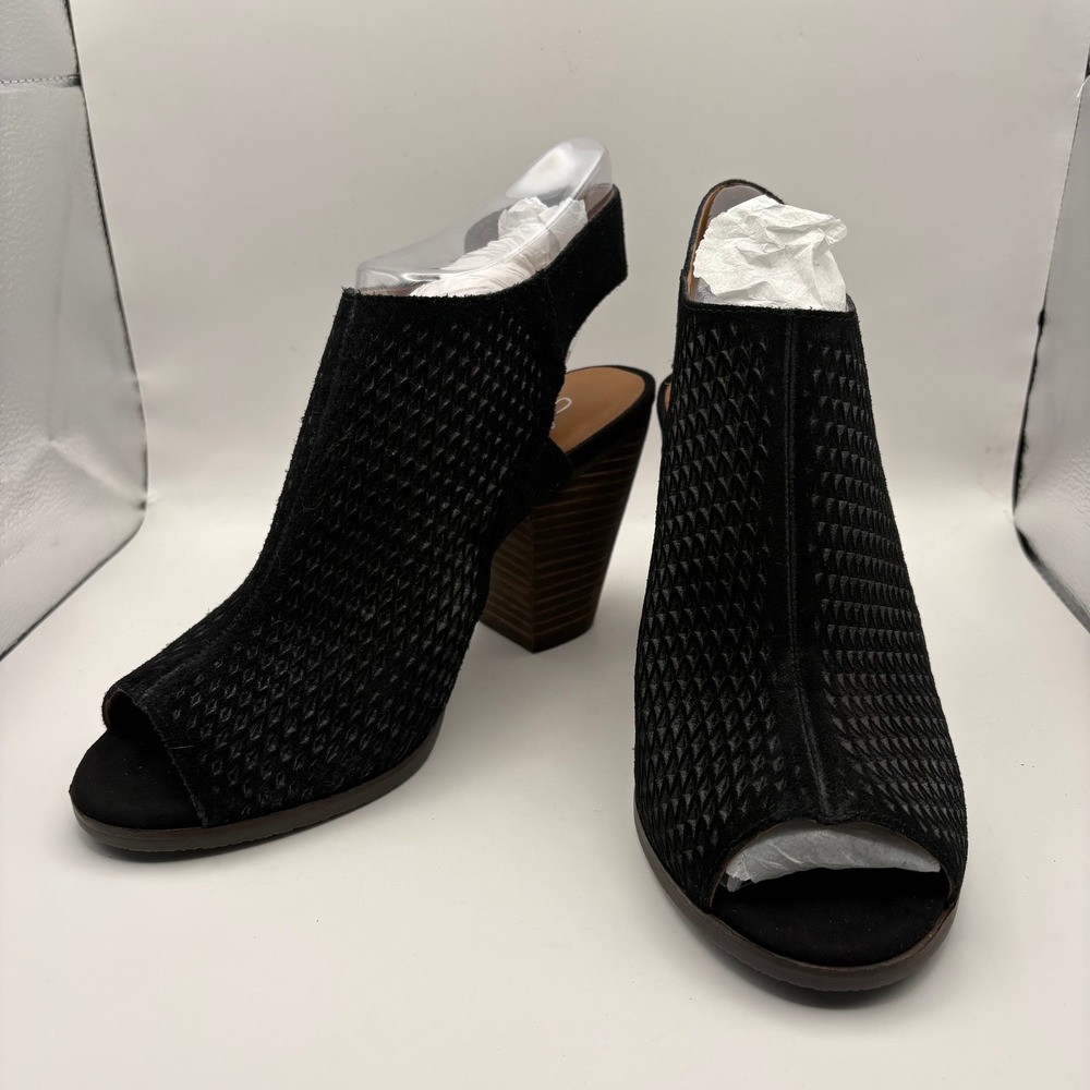 Arturo Chiang AT-JANEL Black Suede Peep Toe Block Heel Slingback Sandals 7.5M